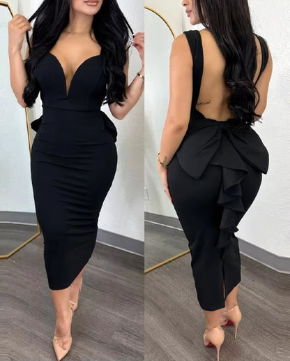 Elegant Dresses for Women Sexy Plunge Ruffle Hem Backless Party Dress 2023 Autumn Summer Spring Fashion Casual