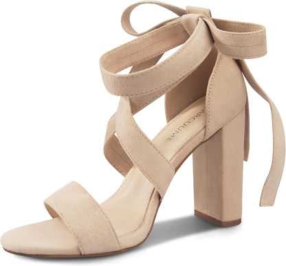 Strappy Heels for Women Chunky Heels High Heeled Sandals with Lace up Fahsion Casual Nude Block Heel Sandals