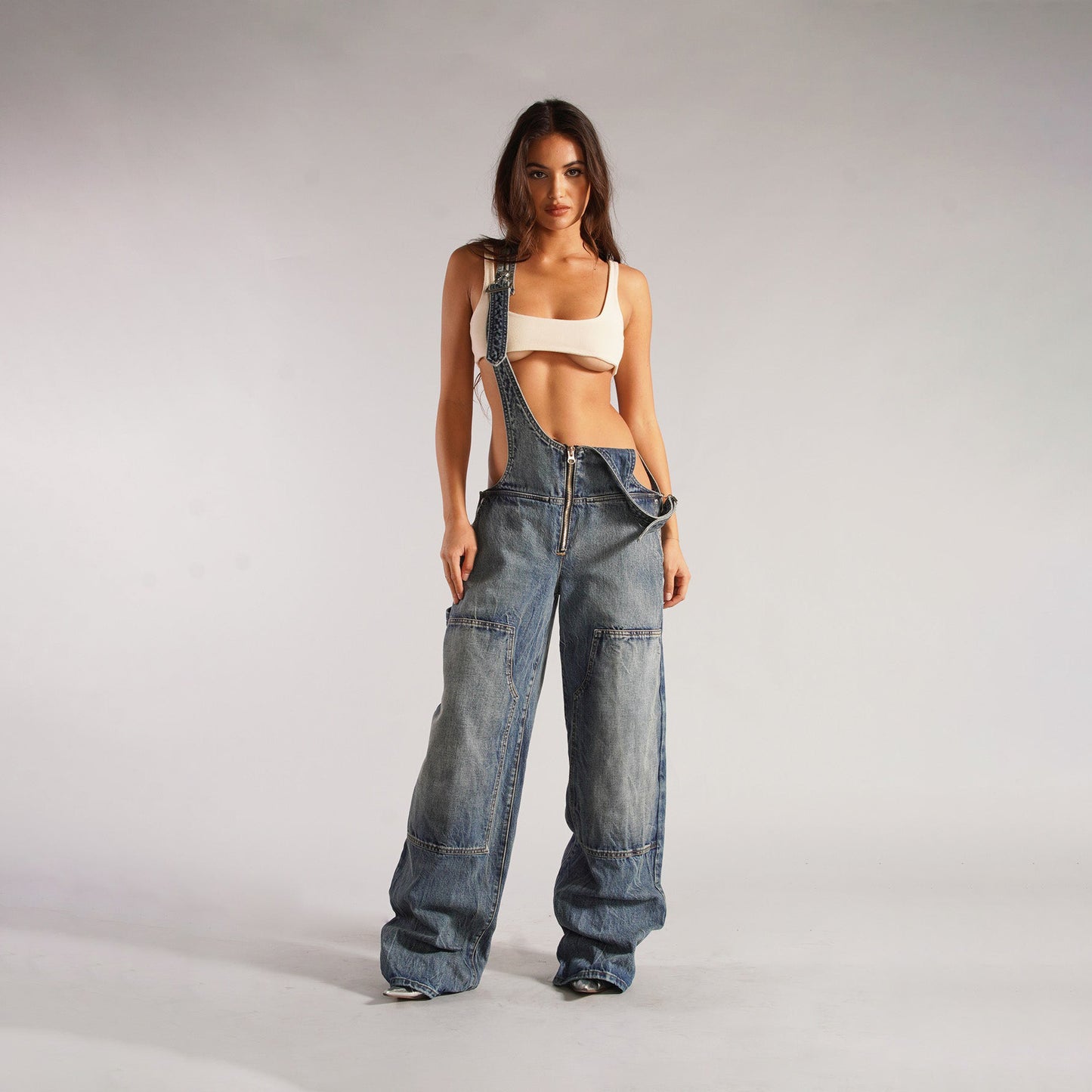 Y2K Zipper Denim Overalls with Pockets Fashion Loose Suspender Jumpsuit Streetwear Jeans Pants Womens Clothing